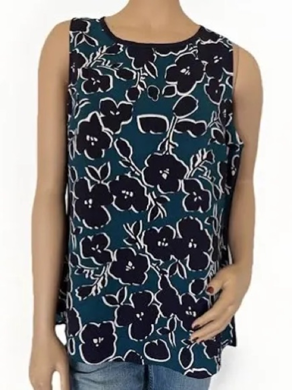 CAbi Teal & purpura WARHOL TOP Floral sleeves “3087” - Picture 9 of 9